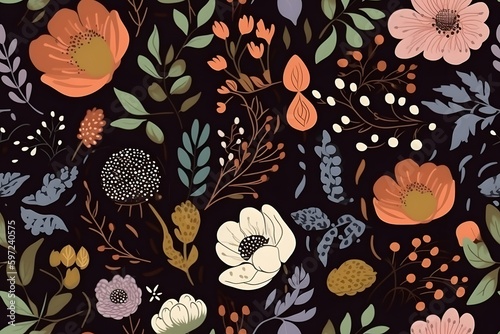 Seamless Сontemporary Spring Floral Pattern. Hand-drawn illustration. Flowers on black background. Decor, wallpaper, textile. Scandinavian design. Generative Ai.