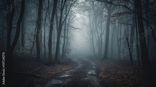 Fotografie, Obraz Fog In Spooky Forest At Moon Light On Asphalt - Abstract Bokeh, generative ai