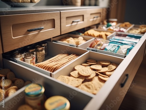 A shot of a pull-out pantry drawer with neatly stacked snacks and crackers © Suplim