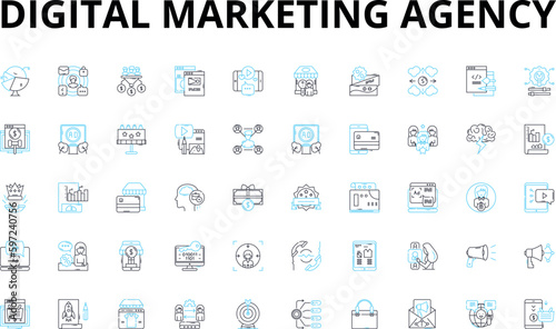 Digital marketing agency linear icons set. Strategy, Analytics, SEO, PPC, Social, Branding, Content vector symbols and line concept signs. Email,Mobile,Design illustration Generative AI