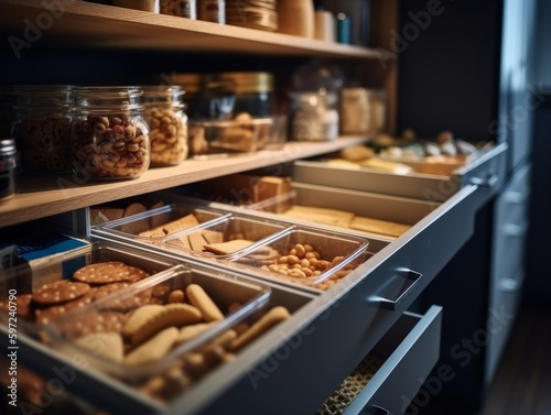 A shot of a pull-out pantry drawer with neatly stacked snacks and crackers © Suplim