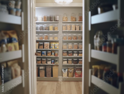 A photo of a pantry door organizer with different snacks and treats sorted into individual pockets photo