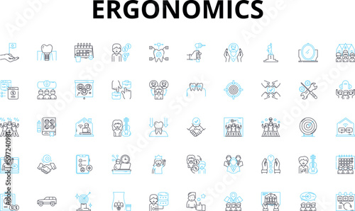 Ergonomics linear icons set. Comfort, Posture, Health, Efficiency, Safety, Productivity, Design vector symbols and line concept signs. Workstation,Alignment,Adjustment illustration Generative AI photo