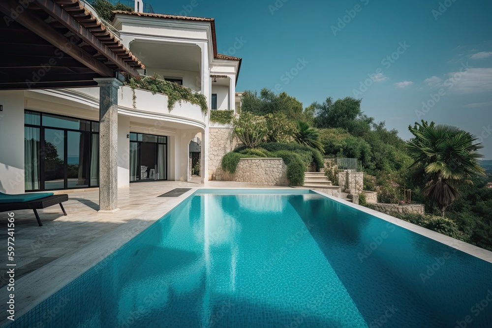 A Beautiful Vacation Home in Luxurious Style: Villa with Swimming Pool. Generative AI