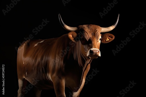 A Bovine Bull Standing Isolated in a Dark Room, with Brown Horns and a White & Yellow Spot. Generative AI © juliiapanukoffa