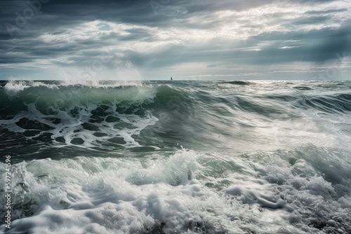 A Cold Stormy Sea Wave: Nature's Power and Majesty at the Ocean's Horizon. Generative AI