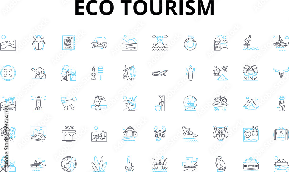 Fototapeta Eco tourism linear icons set. Sustainable, Wildlife, Adventure, Green, Preserve, Conservation, Nature vector symbols and line concept signs. Ecological,Responsible,Biodiversity Generative AI