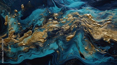 Elegant Blue and Gold Luxury: Magic Acrylic Paint Waves with Glistering Glitter Effect Wallpaper Art: Generative AI