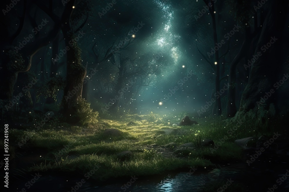 Fairytale Forest Glowing in the Dark of Magical Night: Nature's Enchanting Summer Landscape. Generative AI Fairytale Forest Glowing in the Dark of Magical Night: Nature's Enchanting Summer Landscape. Generative AI