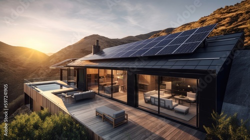Residential rooftop solar panel system set against the stunning backdrop of a mountainous countryside vista. Generative AI © piai