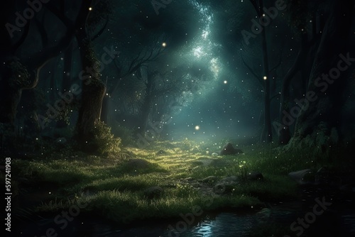 Fairytale Forest Glowing in the Dark of Magical Night  Nature s Enchanting Summer Landscape. Generative AI