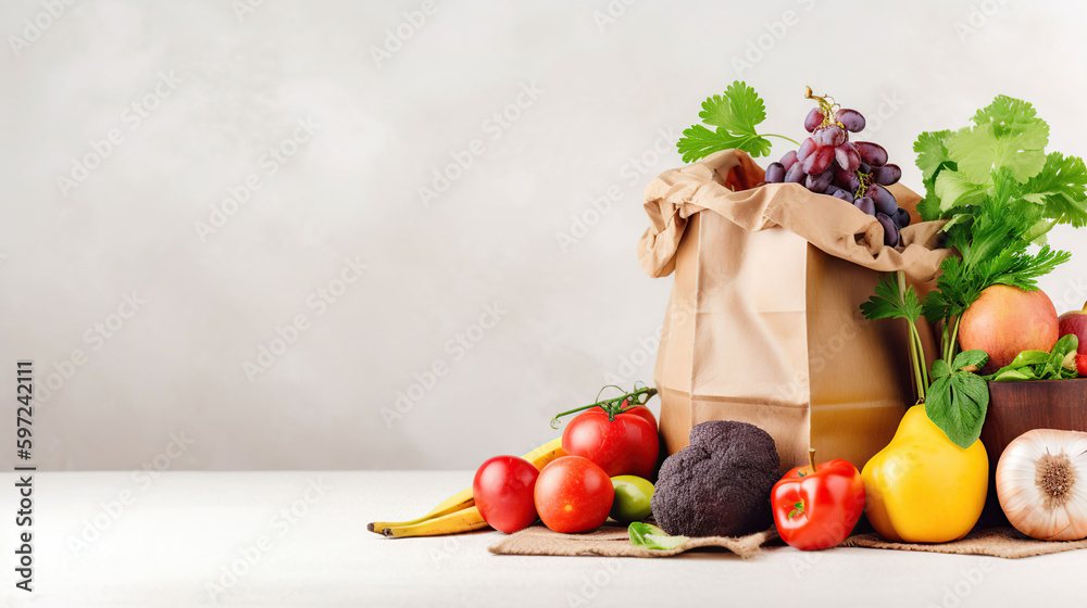 Healthy food background. Healthy vegan vegetarian food in paper bag vegetables and fruits on white, copy space, banner. Shopping food supermarket and clean vegan eating concept, generative ai Healthy food background. Healthy vegan vegetarian food in paper bag vegetables and fruits on white, copy space, banner. Shopping food supermarket and clean vegan eating concept, generative ai