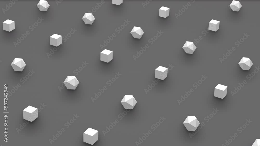 Abstract 3d rendering of cube and platonic isoca shapes with random rotating effect in isometric view. Computer generated loop animation. 4K seamless motion design