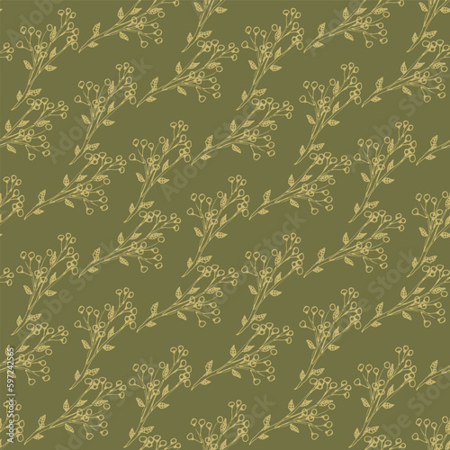 A berry branches seamless vector pattern in green