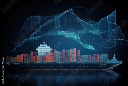 The transportation of import and export freight through container ships is vital in global business logistics. Big data visualization and abstract graphics, including a globe and charts, enable effect