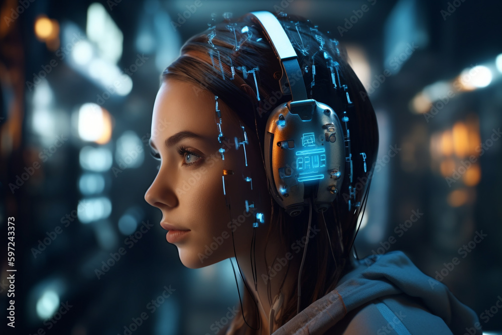 futuristic scene of a young girl with a futuristic headphones, ,neural threads, blue light composition, generative ai illustration futuristic scene of a young girl with a futuristic headphones, ,neural threads, blue light composition, generative ai illustration