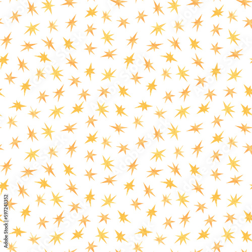 A lot of watercolor yellow stars as seamless pattern on white backgound.Print bithday, b-day,christmas, new year cards,invitations.Aquarelle design elements