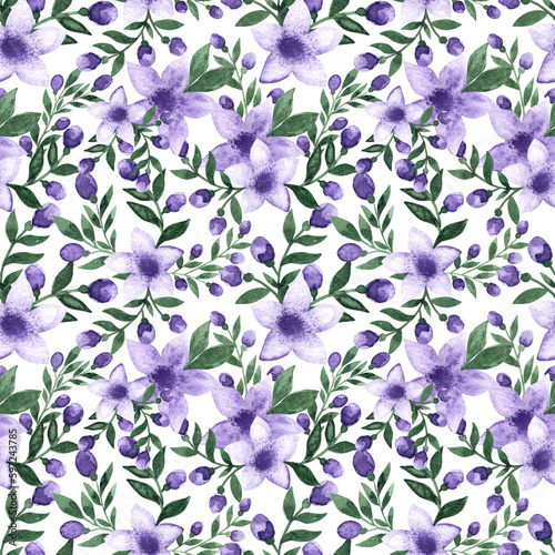 Floral hand drawn watercolor seamless endless pattern with lots of beautiful violet purple colored flowers with green leaves and buds as aquarelle element for print fabric  cards  textile.Isolated on 