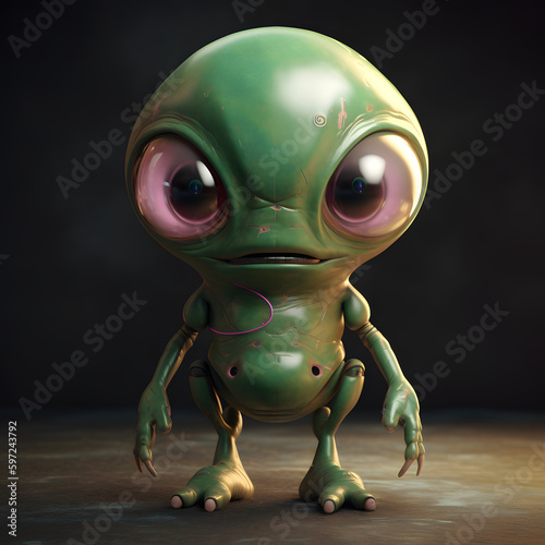 A green alien with two antennas on its head and big tummy, standing on a rocky surface, generative AI