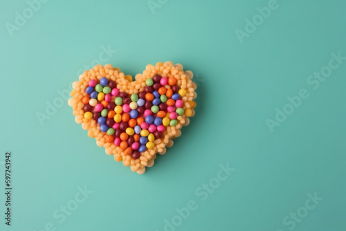 Colorful heart sweets for St, Mother's Day, or Birthday, decorated on a color background, Generative AI