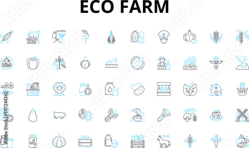 Eco farm linear icons set. Sustainability, Organic, Green, Permaculture, Biodiversity, Conservation, Regenerative vector symbols and line concept signs. Composting,Renewable,Ethical Generative AI