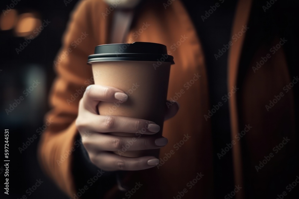 Woman's hand with paper cup of coffee to take away. Generative AI