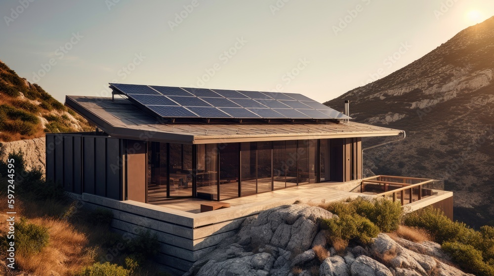 Residential rooftop solar panel system set against the stunning backdrop of a mountainous countryside vista. Generative AI