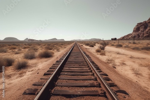 Desert railway with rails leading into the distance. Generative AI