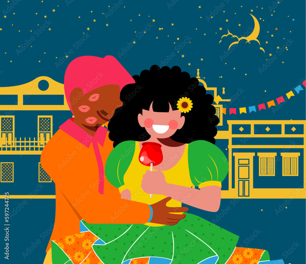 Festa Junina e Diversidade -Casal caipira - Casal Mestiço - Vetor de Casal Caipira comendo maça do amor na Festa Junina - Festa de São João 