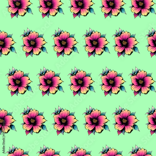 Colored vector seamless half-drop pattern, with inked style flowers