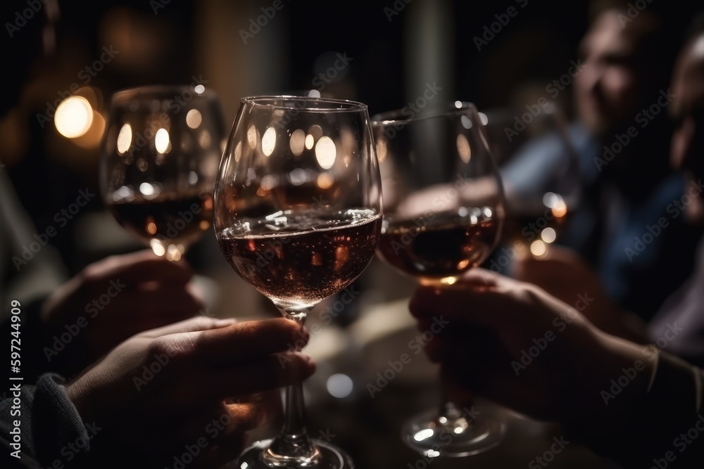 Wineglasses in hands close up, people at party drinking and toasting, blur bar interior. Generative AI Wineglasses in hands close up, people at party drinking and toasting, blur bar interior. Generative AI