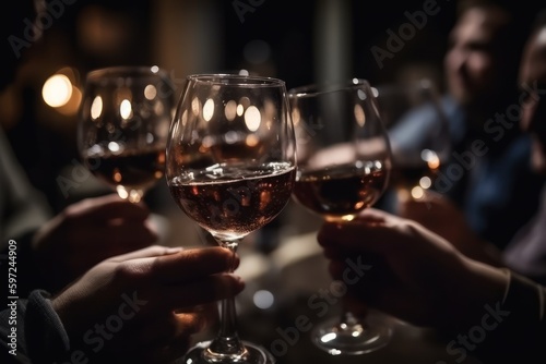 Wineglasses in hands close up, people at party drinking and toasting, blur bar interior. Generative AI 