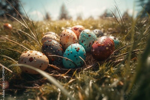 Speckled Easter eggs on grassy field. Generative AI