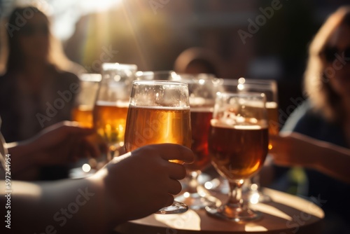 Wineglasses and beers in hands close up  people drinking and toasting in a outdoors bar. Generative AI 