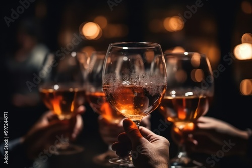 Wineglasses in hands close up, people at party drinking and toasting, blur bar interior. Generative AI 