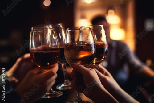 Wineglasses in hands close up, people at party drinking and toasting, blur bar interior. Generative AI 