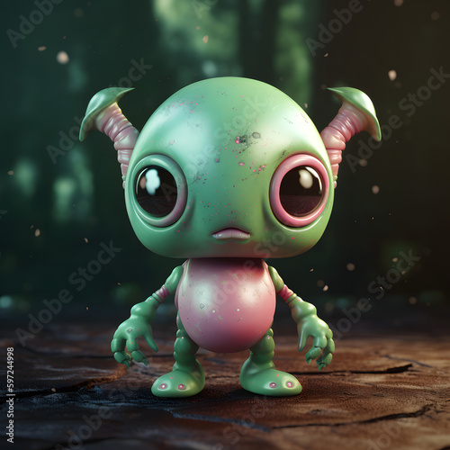 A green alien with two antennas on its head and big tummy, standing on a rocky surface, generative AI