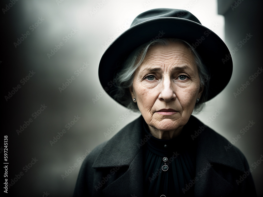 Dramatic portrait of an elderly woman on a dark abstract background. Generative AI. Dramatic portrait of an elderly woman on a dark abstract background. Generative AI.