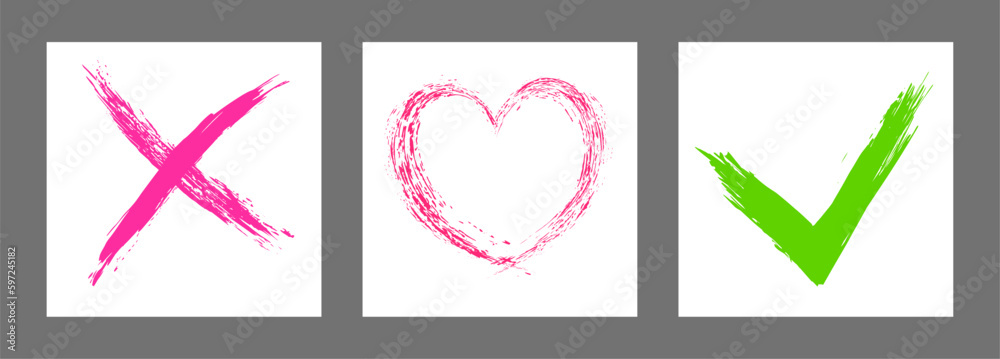 The cross, heart and OK symbol are hand-drawn with a brush. Prohibition, denial, error. Love. Approval, consent. Vector, set of 3 characters The cross, heart and OK symbol are hand-drawn with a brush. Prohibition, denial, error. Love. Approval, consent. Vector, set of 3 characters