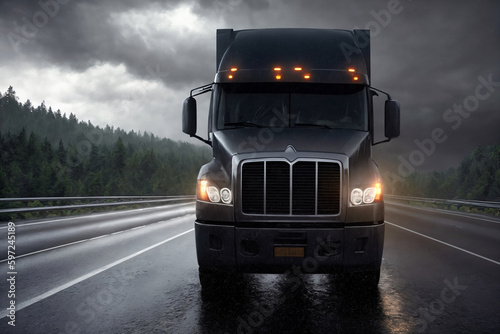 A truck is driving on the road. Dark dramatic landscape with forest as background  gloomy sky  rainy clouds. Generative AI.