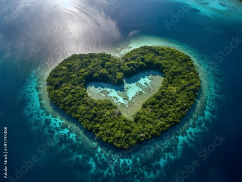 Sunset view of a Tropical Island in the Shape of a Heart. Aerial View, Travel Concept, Valentines Love Day concept. Honeymoon. Generative AI.