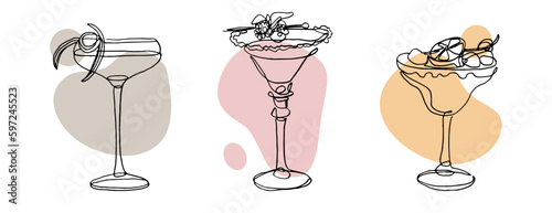 continuous line drawing of exotic cocktail drinks. vector