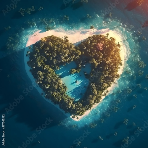 Sunset view of a Tropical Island in the Shape of a Heart. Aerial View, Travel Concept, Valentines Love Day concept. Honeymoon. Generative AI.