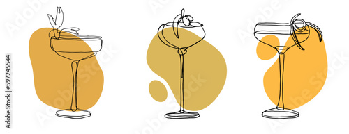 continuous line drawing of exotic cocktail drinks. vector