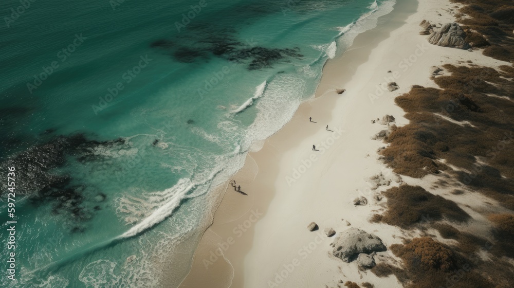 The aerial view landscape of a tropical summer palm beach and sandy beach and ocean. Turquoise water background. Generative AI 