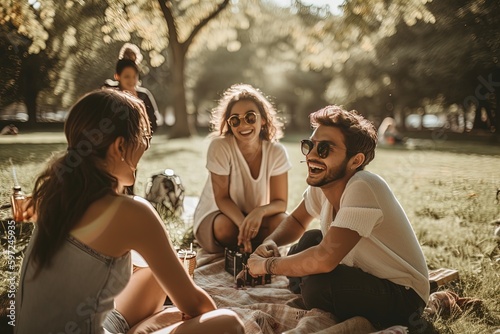 A group of friends is gathered together, laughing and having a great time during their fun-filled picnic day in a lush green park