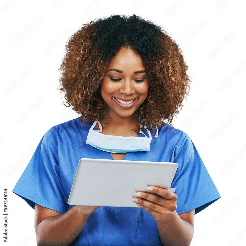 Tablet, healthcare and PNG with a nurse black woman isolated on a transparent background for research. Medical, technology and innovation with a female medicine professional online for insurance Tablet, healthcare and PNG with a nurse black woman isolated on a transparent background for research. Medical, technology and innovation with a female medicine professional online for insurance