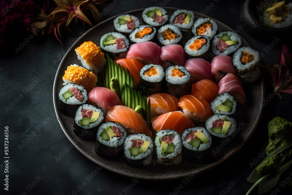 Vibrant images of fresh sushi rolls, arranged artfully on a plate. Generative Ai.