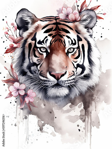 Tiger watercolor painting, asian design, cherry blossom, butterfly, digital prints, wildlife, animals. Generative AI