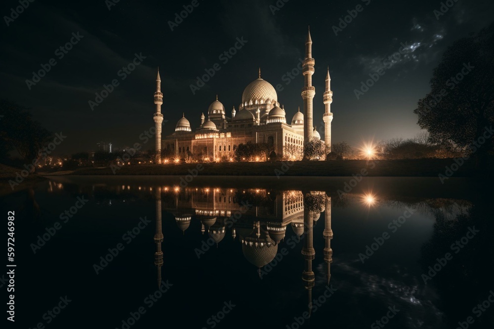 Moonlit landscape, mosque's shadow reflected in the lake. Generative AI